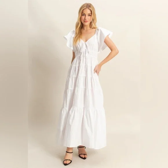 NEW HYFVE White Flutter Sleeve Tiered Cotton Maxi Dress Size Medium - Picture 7 of 7